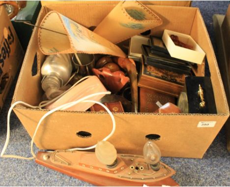 Box of assorted miscellaneous to include model boat, table lamp, carved soapstone oriental ornament, various inlaid jewellery