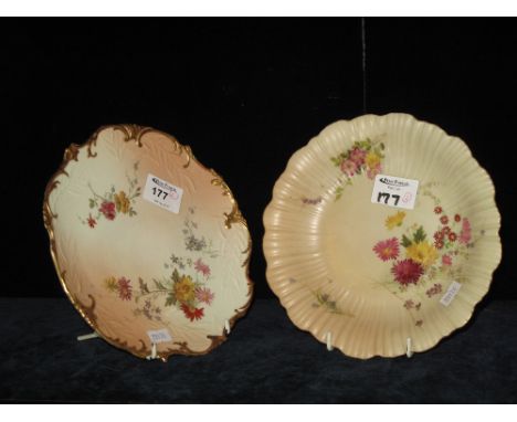 Royal Worcester peach ground floral decorated cabinet plate with indented border, and another Royal Worcester peach ground fl