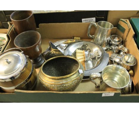 Box of assorted metal ware to include eastern brass vase, biscuit barrel and cover, two treen goblets, pewter tankards, peppe