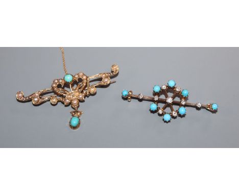 Two Edwardian 15ct and gem set bar brooches, diamond and turquoise and diamond and seed pearl, 47mm, gross 9.2 grams.