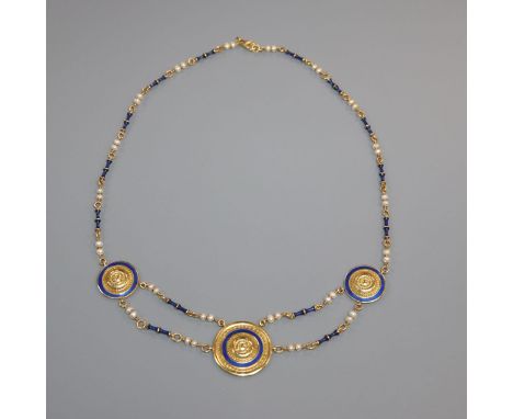 A 750 yellow metal, seed pearl and blue enamel set triple disc necklace, 52cm, gross 23.4 grams.