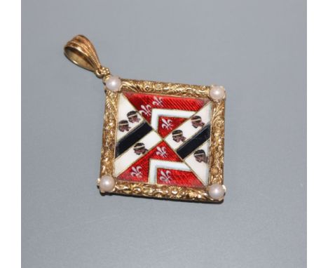 A late Victorian yellow metal, split pearl and enamel pendant, decorated with armorial?, 40mm.