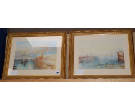 After J M W Turner, pair of watercolours, Moonrise, The Giudecca and The Giudecca from the lagoon, Venice, 21 x 30cm