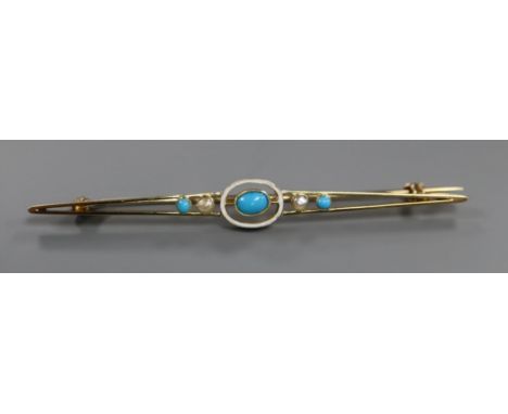 A cased early 20th century Murrle Bennett &amp; Co 15ct, turquoise, seed pearl and enamel bar brooch, 64mm.
