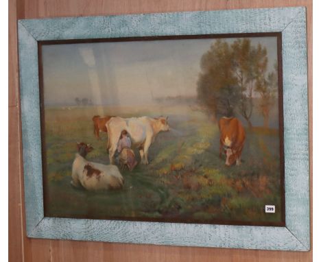 Late 19th century English School, pastel, Milkmaid and cows in a meadow, 58 x 83cm