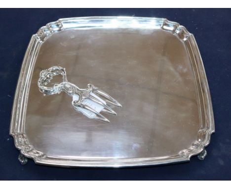 A George V square silver salver, Sheffield, 1928 and a plated bread fork, salver 31.5cm, 31 oz.