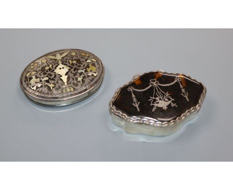 A George V silver and tortoiseshell pique trinket box by William Comyns and a white metal, mother of pearl and tortoiseshell 