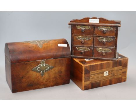 A Victorian tea caddy, a jewellery casket and a miniature spice chest