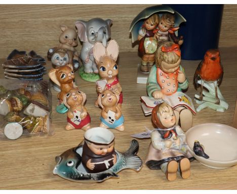 Three large Goebel figures, a bird and a collection of mixed ceramics tallest 16cm
