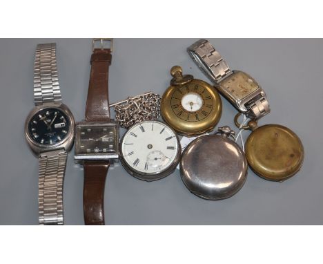 Three pocket watches including silver, a military compass and three wrist watches including Cyma.