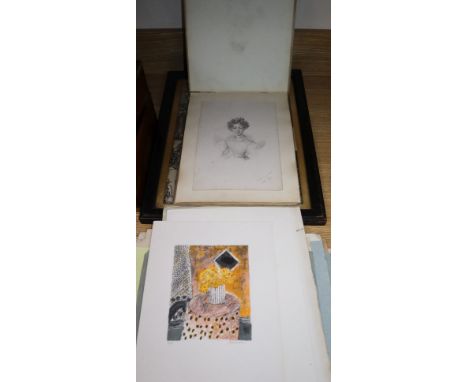 A late Victorian sketch book, pencil and watercolour drawings including portraits and Continental views, together with a grou
