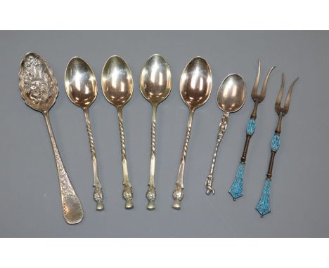 A pair of Norwegian silver 925 and cloisonne enamel sweetmeat forks and five assorted plated spoons.