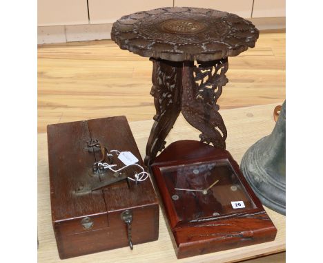 An Eastern carved wood table, a strong box and a railway sleeper clock