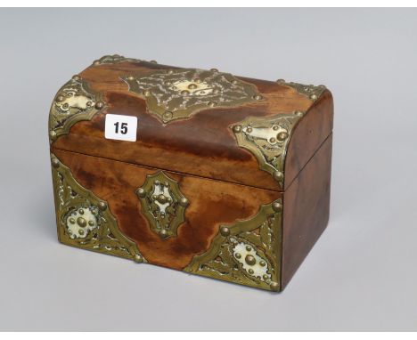 A Victorian domed top horn and brass overlaid walnut tea caddy