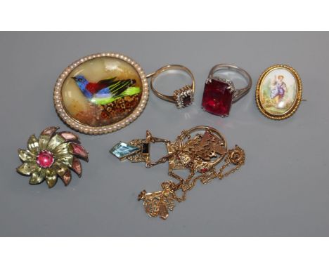 A 9ct gold and gem set ring, a yellow metal and seed pearl oval brooch and other mixed jewellery.