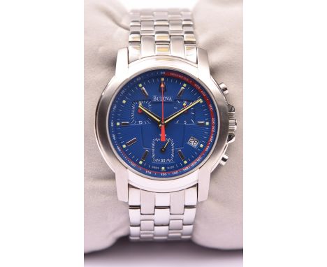 A Bulova Swiss Chronograph retro Edition watch with quartz movement. Stainless steel case and bracelet, blue face and silver 