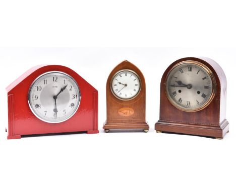3x clocks. An Edwardian early 20th Century mantle timepiece with balance wheel escapement, with stringing and shell marquetry