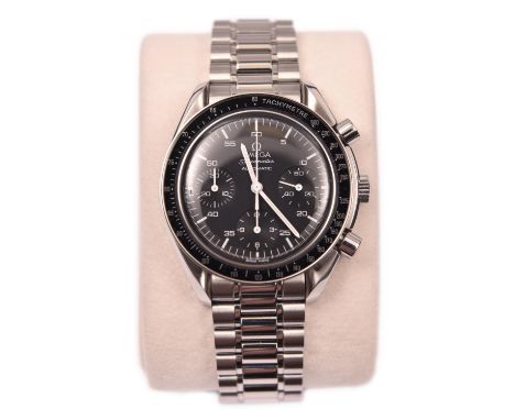 An Omega Speedmaster Chronograph watch with automatic self winding mechanism. With stainless steel case and bracelet, black f