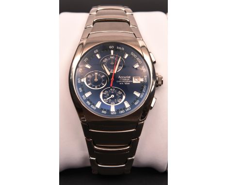 An Accurist MB596 OS60 Titanium Chronograph watch with quartz movement. Metallic purple-black face with three chronograph dia