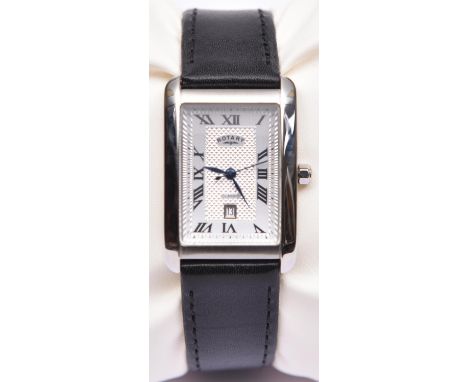 A Rotary Classic watch with quartz movement. Rectangular case with a silver face, Roman numerals and date display. Black leat