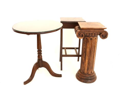 19th century mahogany tilt top occasional table with tripod base and glass top, H73cm Diameter 63cm, together with an Ionic c