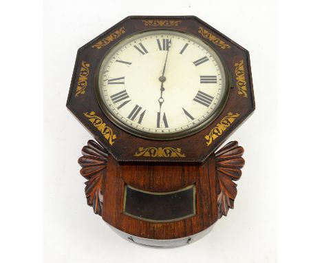 19th century floral inlaid rosewood drop dial clock, single fusee movement, the painted dial with Roman numerals and outer mi