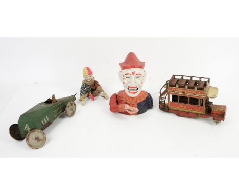 Collection of vintage toys to include a Lehmann tinplate Autobus No.590, lithographed in red yellow and white, with tinplate 