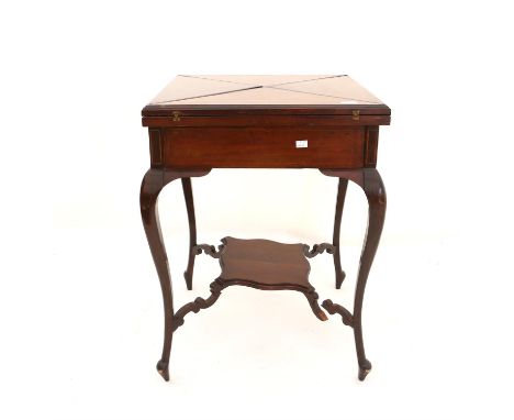 Early 20th century mahogany and marquetry inlaid envelope card table, H72 x W56cm 