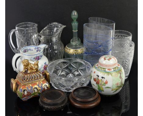 Georgian style cut glass jug, pair of oval vases in blue and clear, Chinese famille verte ginger jar and cover with 4 charact