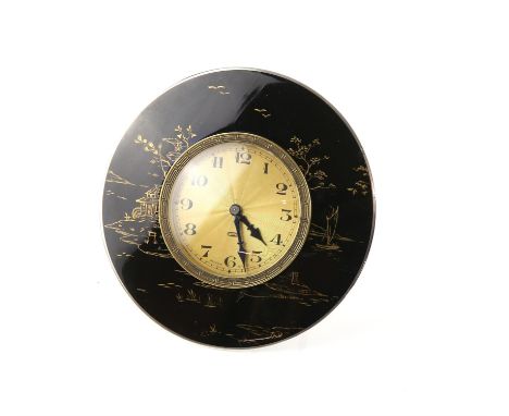 Silver and enamel clock with oriental scenes including blossoming trees, pagoda and sail boat, made and retailed by Finnigans