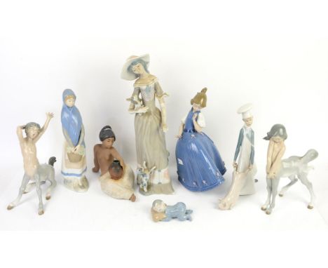 Lladro figures to include a lady in blue dress, boy cook with Pig, Satyr male and female, classical girl with urn, and three 