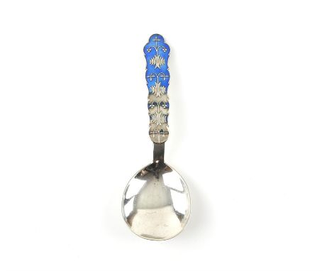 Large Norway silver and enamel caddy spoon by J. Tostrup
