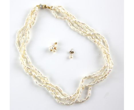 Fresh water pearl multi-strand necklace, white baroque pearls, strung with knots, pearl clasp stamped 18 ct, 42.5cm in length