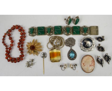 Three jewellery boxes of costume jewellery, watches and silver jewellery, including a Siam silver brooch and two pairs of ear