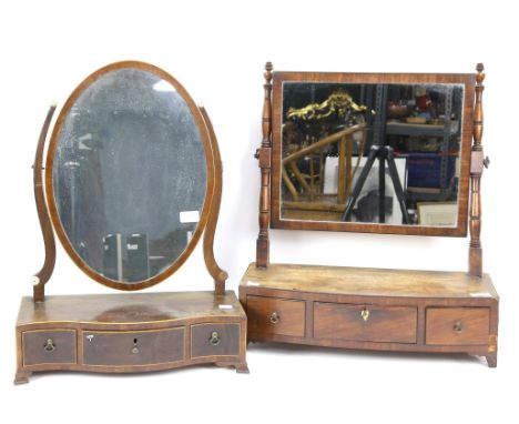 19th century inlaid mahogany toilet mirror, oval glass plate above two short and one long drawer, on bracket feet, together w