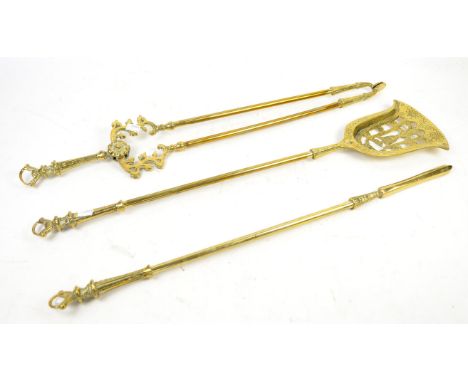 Set of brass long handled fire tools comprising shovel, tongs and poker 