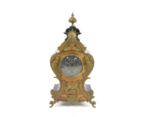 Louis XVI style mantel clock, brass drum movement stamped Lenzkirch, ebonised case with gilt metal mounts, dial with Roman nu