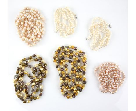 Group of six pearl necklaces, including two similar freshwater white pearl necklaces, both with silver clasps, both measure a