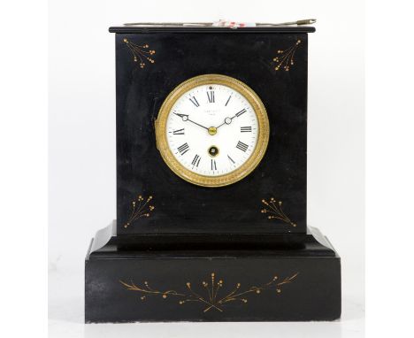 Late 19th century French black slate mantel clock, indistinctly signed white enamel dial with Roman numerals, single train dr