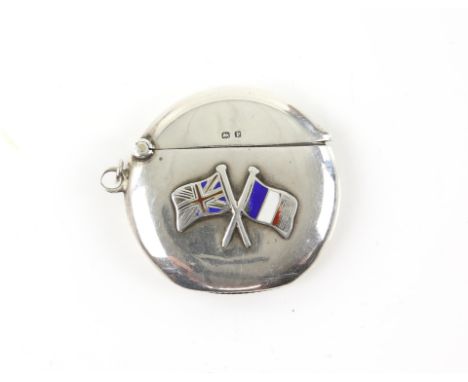 WWI silver and enamel oval vesta case with the Union flag and French flag, by S Blakensee & Son Ltd Birmingham 1914