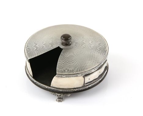 Art Deco large cylindrical table top vesta holder dispenser with strike panel holder to side, upon paw feet, by Padgett & Bra