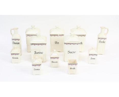 French ceramic kitchen canisters impressed 'Leonore' to base, including coffee, 'Riz' (rice), 'Farine' (flour), huile (oil), 