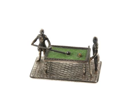 Dutch silver miniature of two gentleman playing snooker or billiards, import London 1974, 6.5 cm wideCondition Report:  61 gr