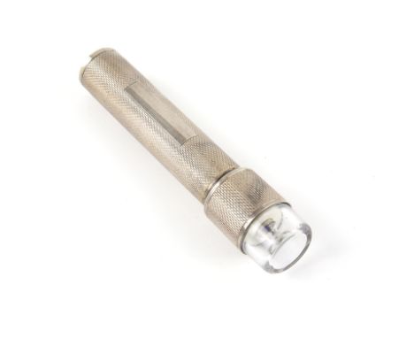 Large handheld silver torch with engine turned finial and vacant rectangular cartouche, by T P London 1994