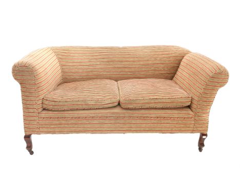 20th century drop-end two seater sofa, with striped upholstery on shaped mahogany legs and castors, H69 x W152 x D84cm (drop-