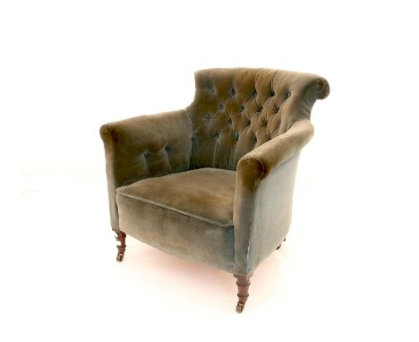 Mahogany framed armchair with button backed blue velvet upholsteryCondition Report:  Very poor condition, grubby and needs re
