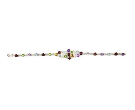 Spectacle set multi gemstone bracelet, round cut garnets, peridot, amethyst, blue topaz, and citrines, set in silver, bolt ri