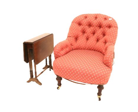 Late 19th century button back armchair, together with five dining chairs and a Sutherland table (7)