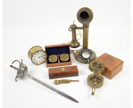 Brass candlestick telephone, Toledo letter opener, Copper and brass Boatswains whistle in wooden case, brass ships clock, and