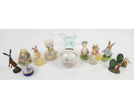 Royal Albert Beatrix Potter figurines including Jeremy Fisher, Peter Rabbit, Jemima Puddleduck and Mrs Tiggywinkcle, an ename